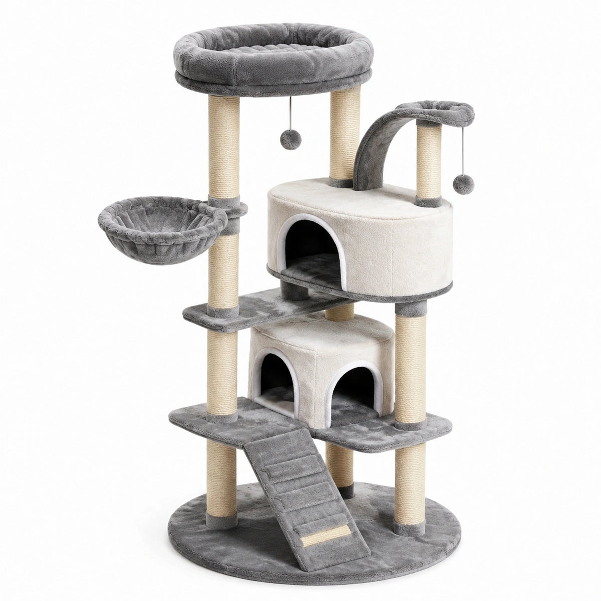 Arbre à chat en peluche gris et beige avec niveaux multiples
