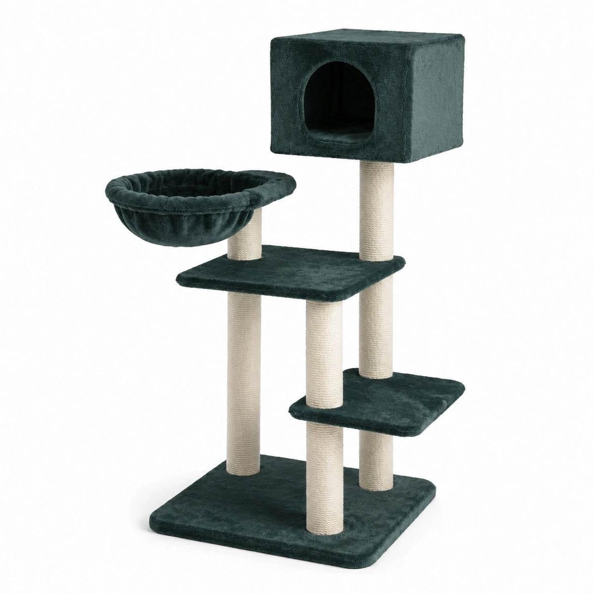 Arbre à chat en polyester vert avec poteaux en sisal et hamac, 120 cm