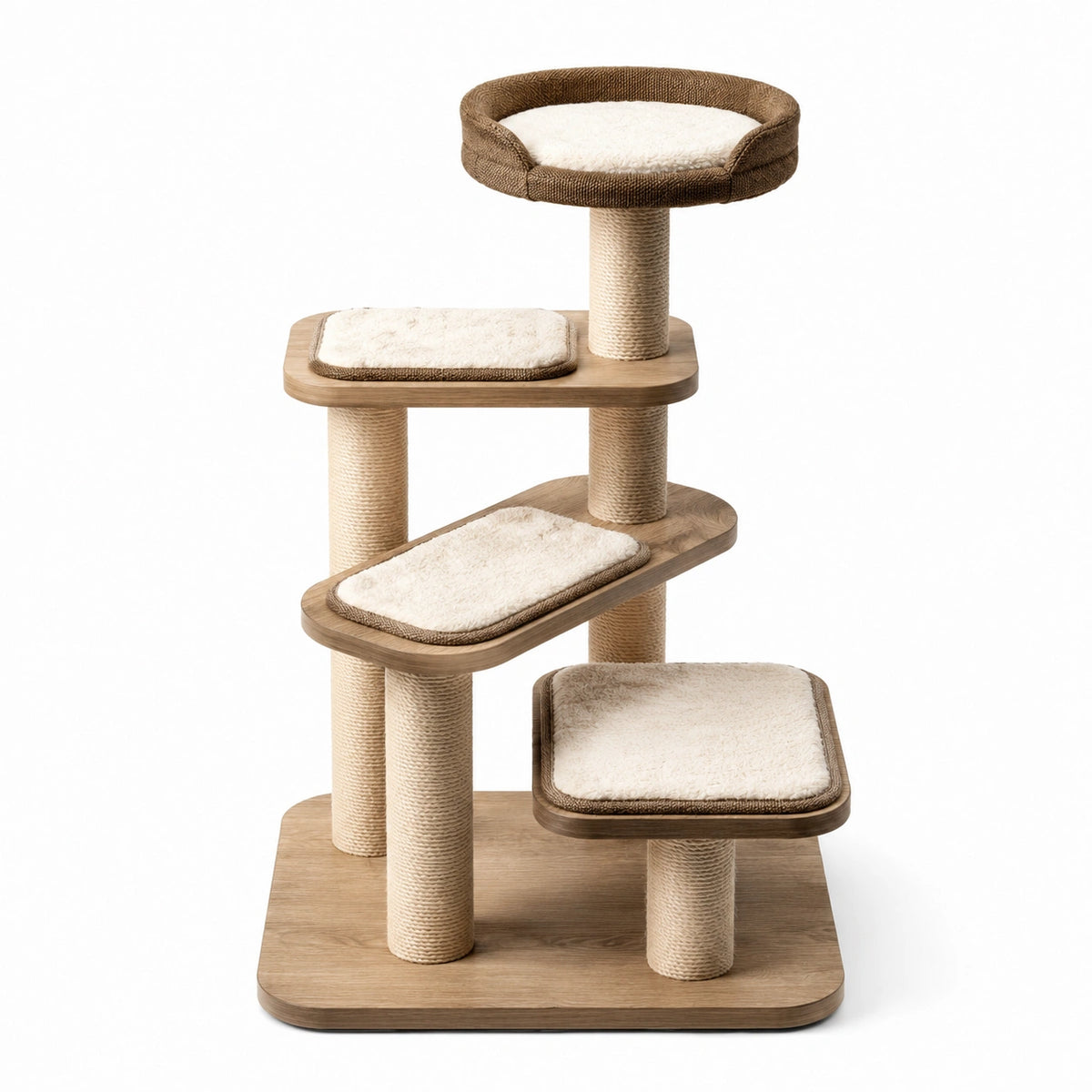 Arbre à chat en bois et sisal avec plateformes en tissu marron et beige 80 cm