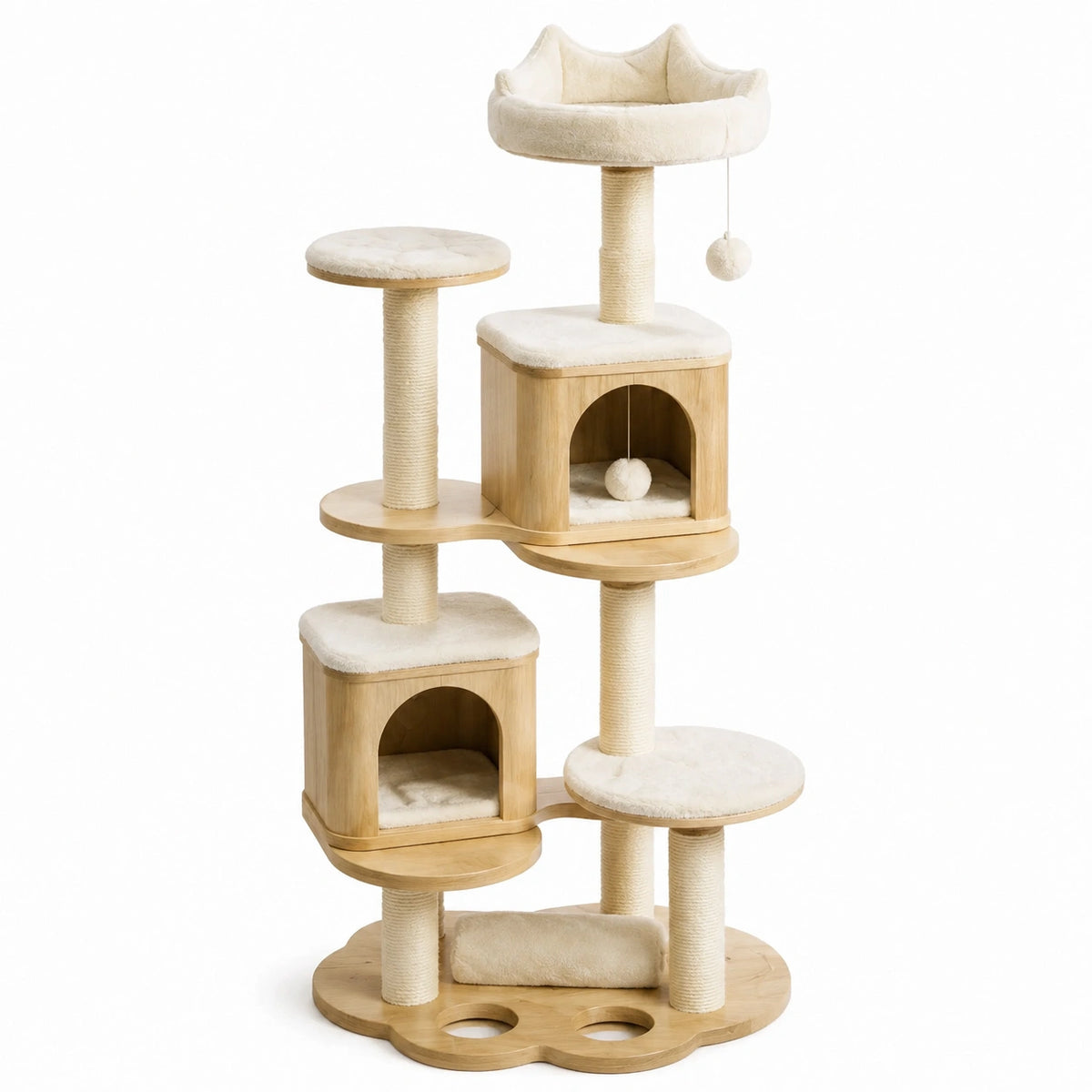 Arbre à chat en bois avec plateformes en peluche beige