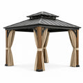 Pavillon de jardin en métal et bois avec toit en acier et rideaux en polyester 300x300cm
