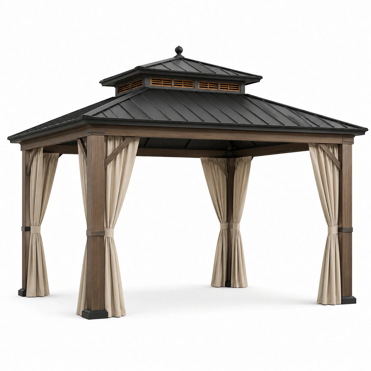Pavillon de Jardin en Métal avec Rideaux en Polyester 3x4m