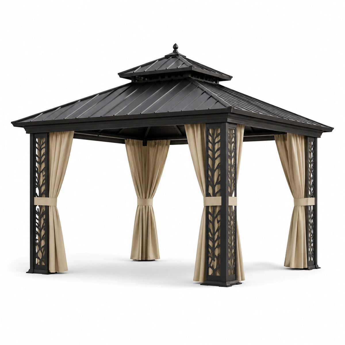Pavillon en métal avec rideaux en polyester 3x4 m noir et beige