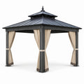 Pavillon de jardin en aluminium et acier avec rideaux beige