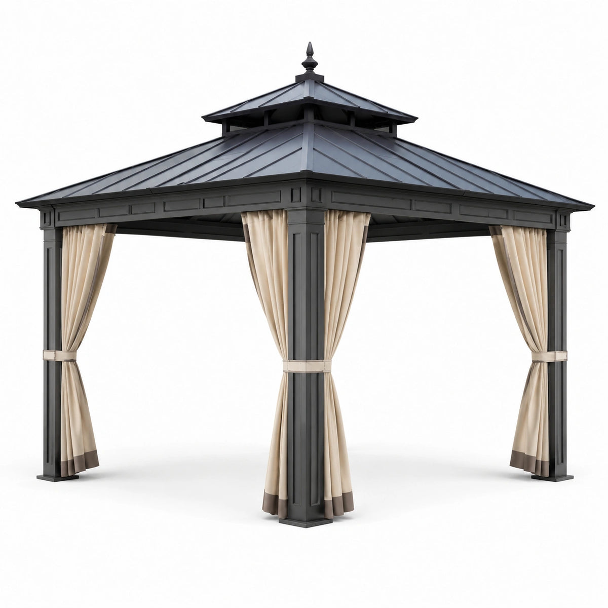 Pavillon de jardin en aluminium et acier avec rideaux beige