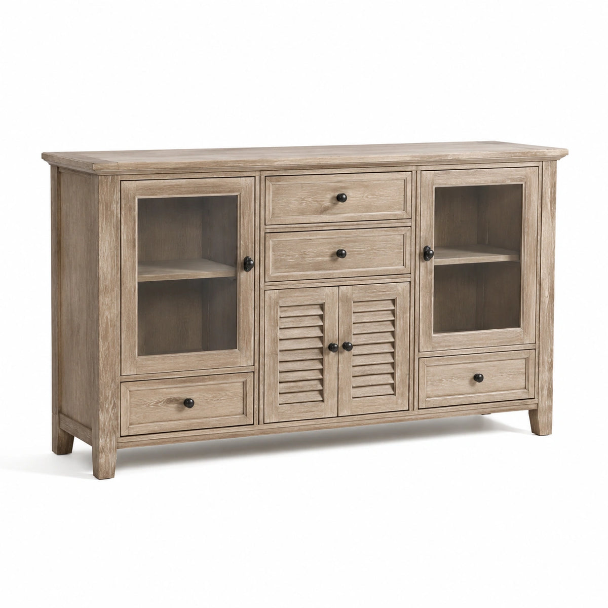 Buffet en chêne avec portes vitrées en verre trempé et tiroirs 150x40x90 cm