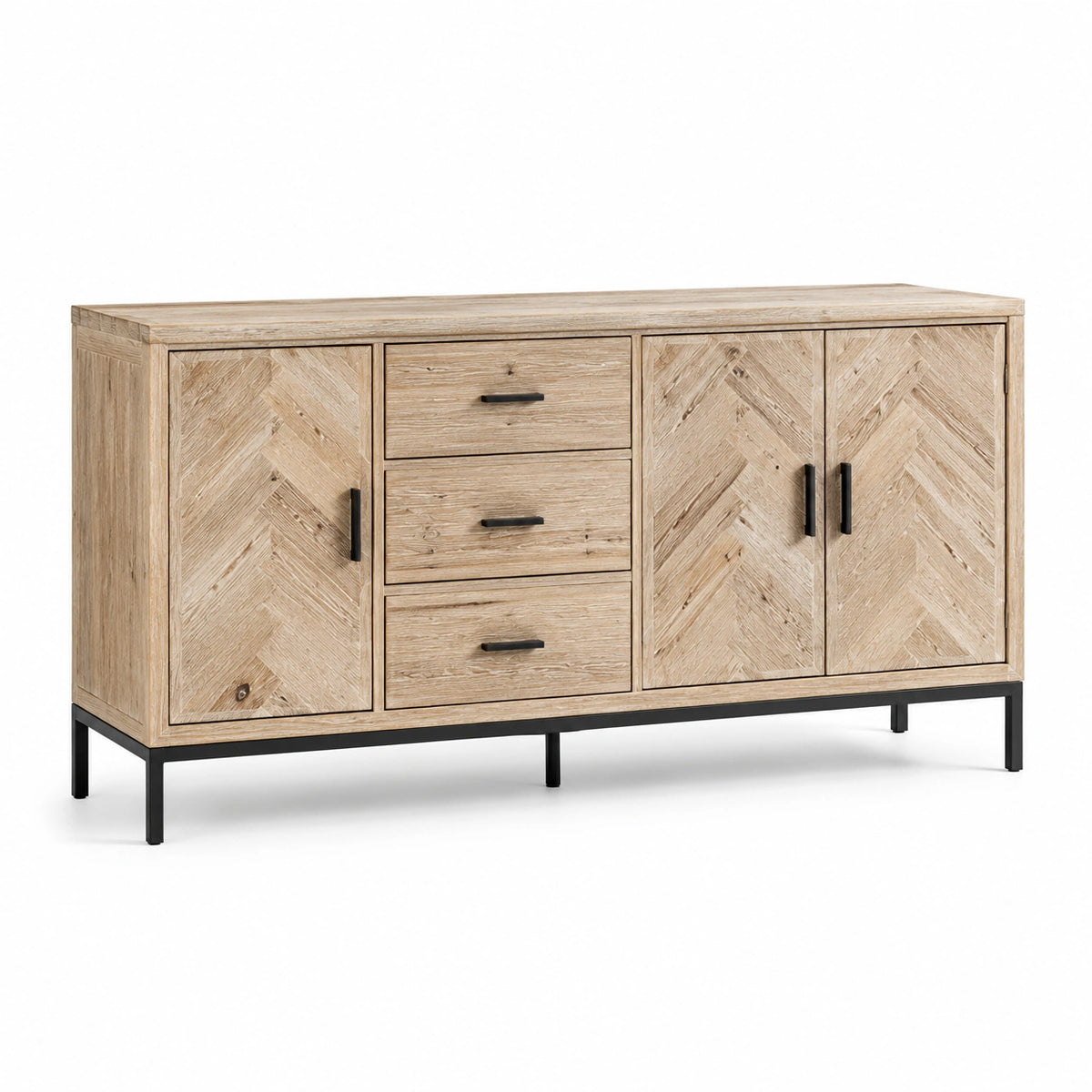 Buffet en bois avec 4 portes et 3 tiroirs, structure en métal