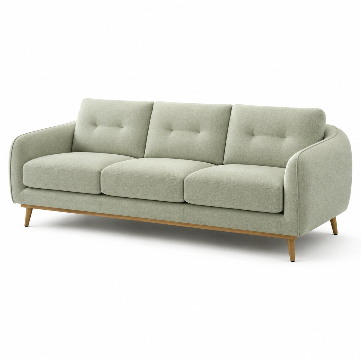 Canapé 3 places en tissu polyester vert clair avec pieds en chêne