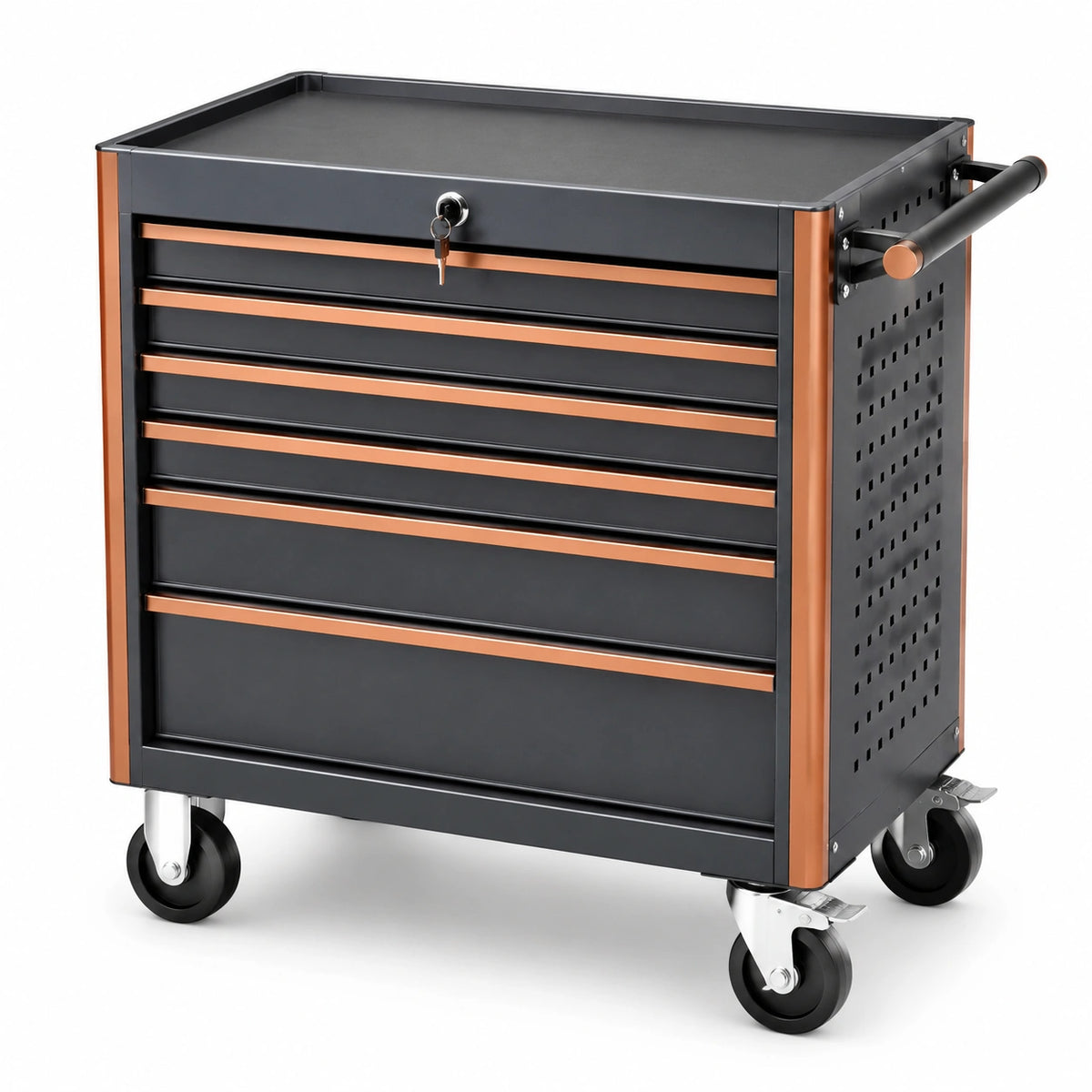 Chariot à outils en acier noir et cuivre avec 6 tiroirs