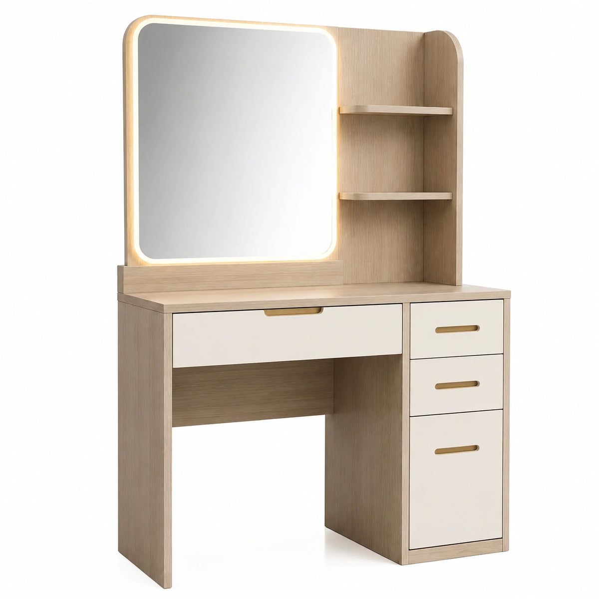 Coiffeuse en bois avec miroir LED et étagères