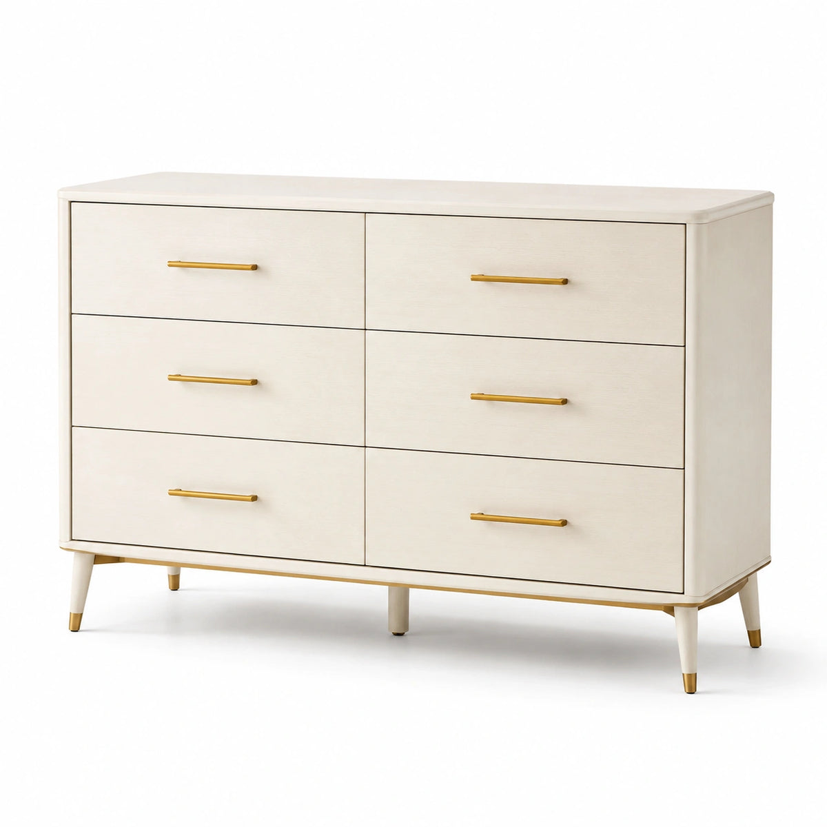Commode 6 tiroirs bois poignées laiton blanc