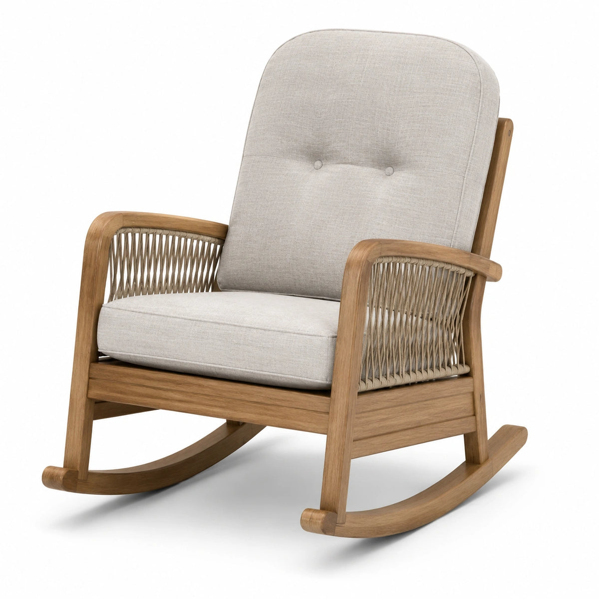 Fauteuil à bascule en bois et tissu beige avec accoudoirs en corde