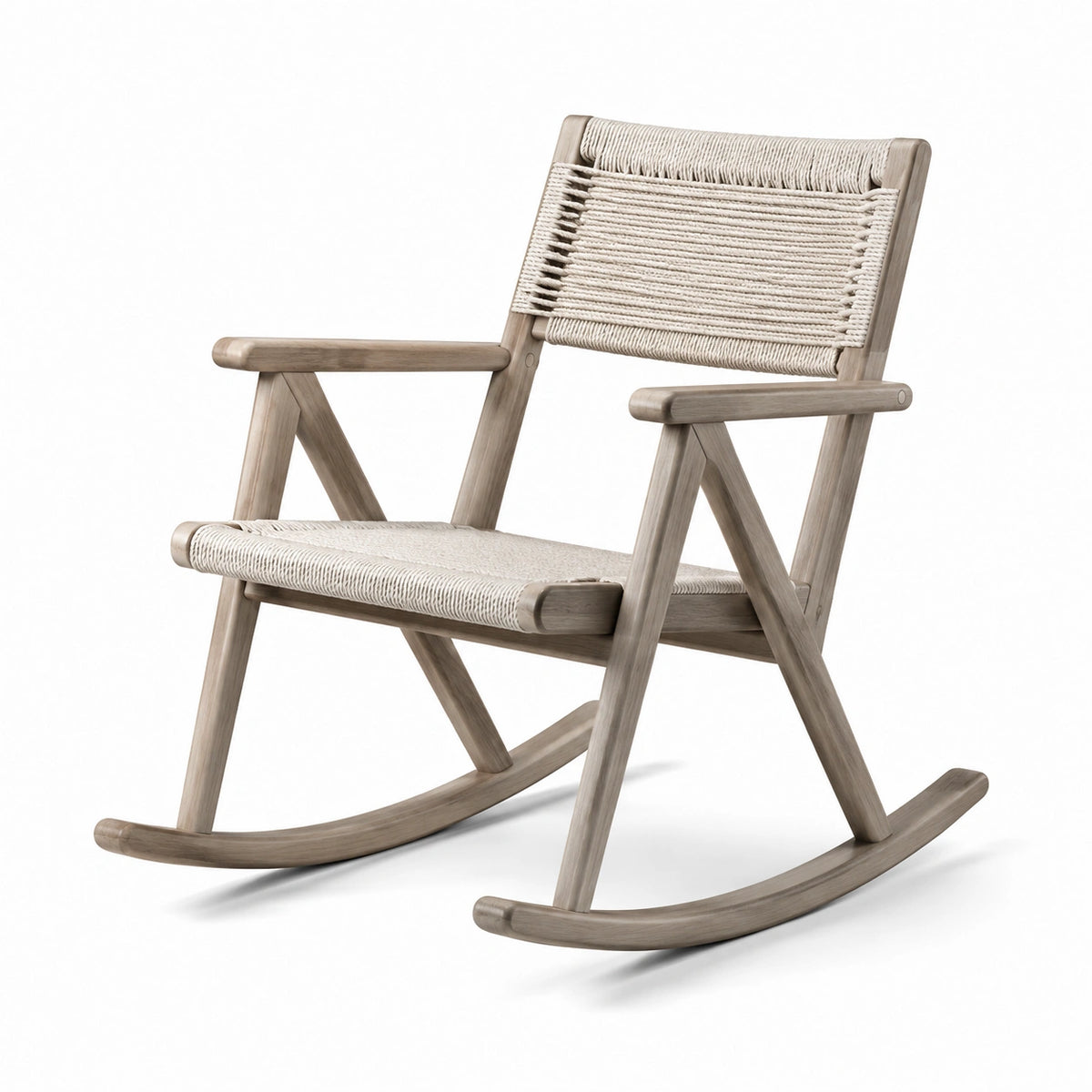 Chaise à bascule en bois et corde tressée beige